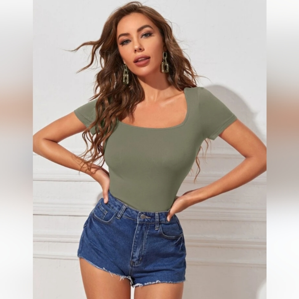 Faded Glory Bodysuit Womens Large Green Puff Sleeves New